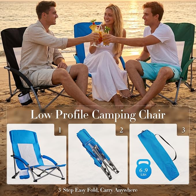 DUMOS Low Beach Chair for Adults Lightweight Folding Beach Chair with Cup Holder Storage Bag Breeze Mesh Back Padded Armrests Compact Low Profile Chair for Camp Picnic Lawn Sand