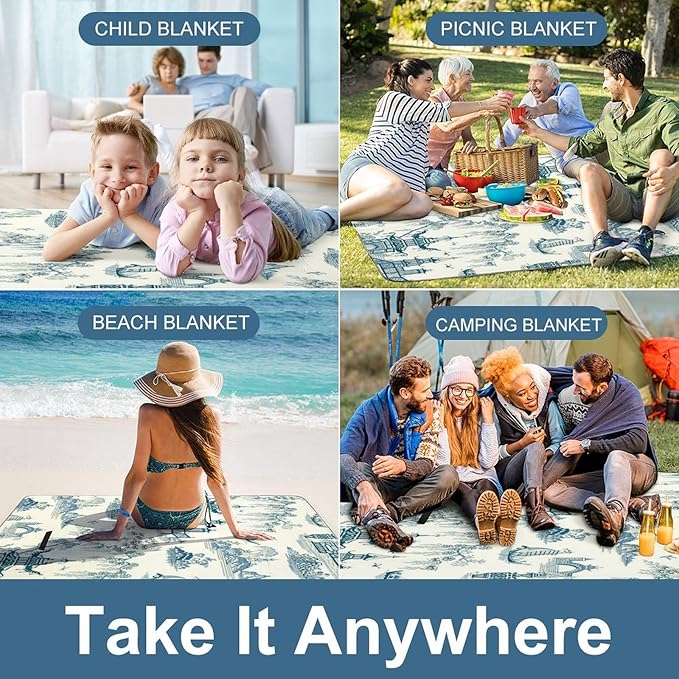 Blue and White Chinese Folk Chinoiserie Style Waterproof Outdoor Picnic Blanket Sandproof Beach Mat for Camping Hiking Grass Travelling