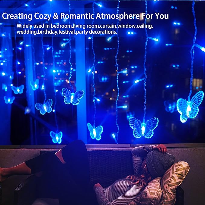 Blue Butterfly Curtain Fairy Lights USB Plug in120 LED 8 Modes 20FT Firefly Twinkle Icicle String Lights with Remote Timer Waterproof for Bedroom Christmas Wedding Party Dorm Decor