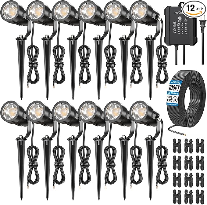 HIBOITEC All-in-One 5W Low Voltage Landscape Lights 12 Pack LED Landscape Lighting Kit with Transformer 100FT Wires and Connectors Waterproof Outdoor Spot Lights for House Yard Trees Garden 5000K