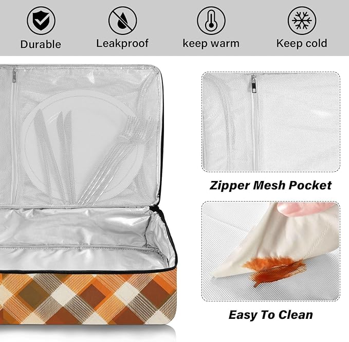Casserole Carrier Orange Brown Tartan Insulated Casserole Carrier for Hot or Cold Food Thermal Lunch Tote for Parties Picnic Travel Carry Bag