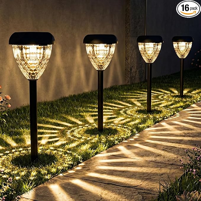 Ensenior Solar Pathway Lights Outdoor - 14.17 Height 3000K LED Landscape Garden Lights IP65 Waterproof Tool-Free Auto ON/Off for Garden Yard Patio Walkway Landscape 16-Pack