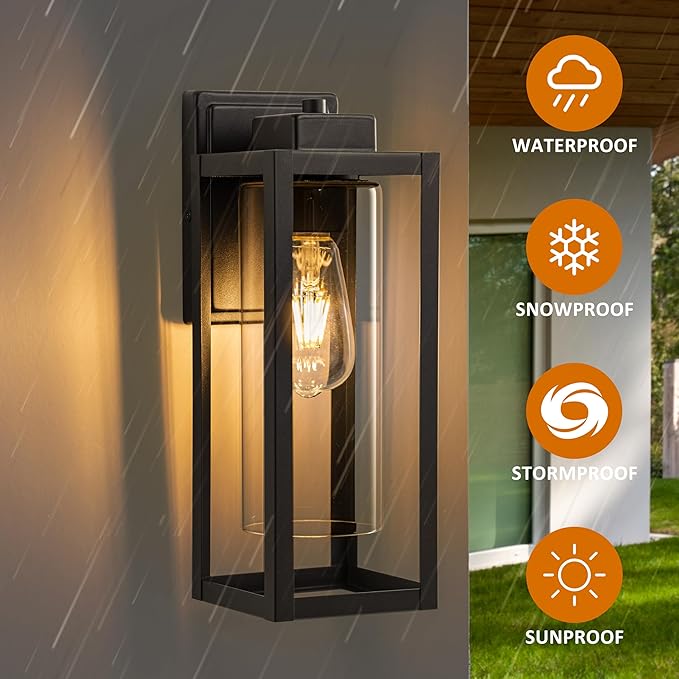 2-Pack 14in.Outdoor Wall LanternExterior Lighting FixtureE26 ScoketMatte Black Porch Light with Cylinder Clear Glass ShadeOutside Wall Light Sconce for PatioGaragePorchFront Door