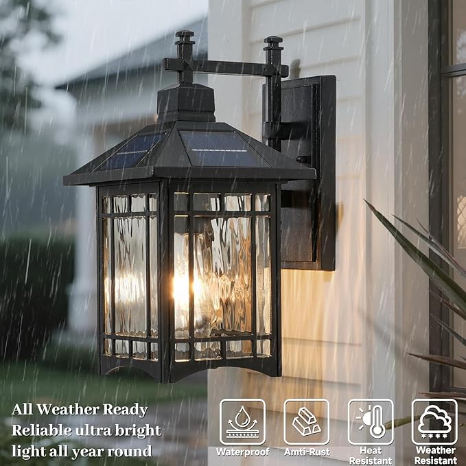 Solar Powered SconceBlack Porch Light Dusk to Dawn Outdoor Solar Wall LightsWaterproof Exterior Lights for Patio Yard House Hallway Doorway Garagewith Water Pattern Glass Shade