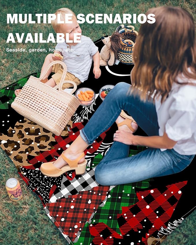 Beach Blanket Waterproof Sandproof Merry Christmas Leopard Xmas Tree Quick Drying Beach Mat with 4 Stakes Red Black Buffalo Plaid Lightweight Picnic Blanket for Travel Camping Outdoor 95x80