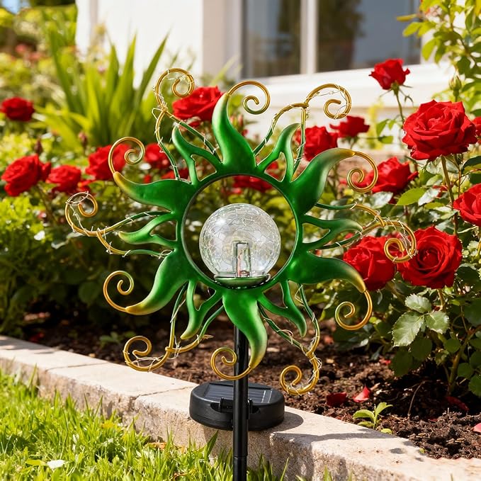 Solar Garden Lights Outdoor Green Metal Sun Stake with 30 LED Waterproof Vine String Crackle Glass Spring Decor for PatioYardrLawn Gardening Birthday Gifts