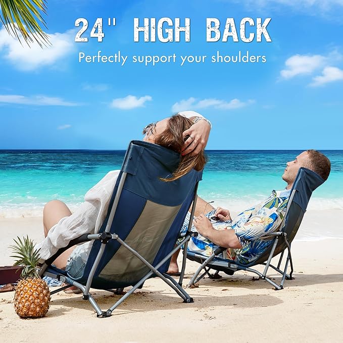 Portal Beach Chairs for Adults Camping Low Lightweight Portable Chair with Cup Holder Mesh Back Carry Bag for Outdoor Sand Lawn Travel Picnic Festival Concert