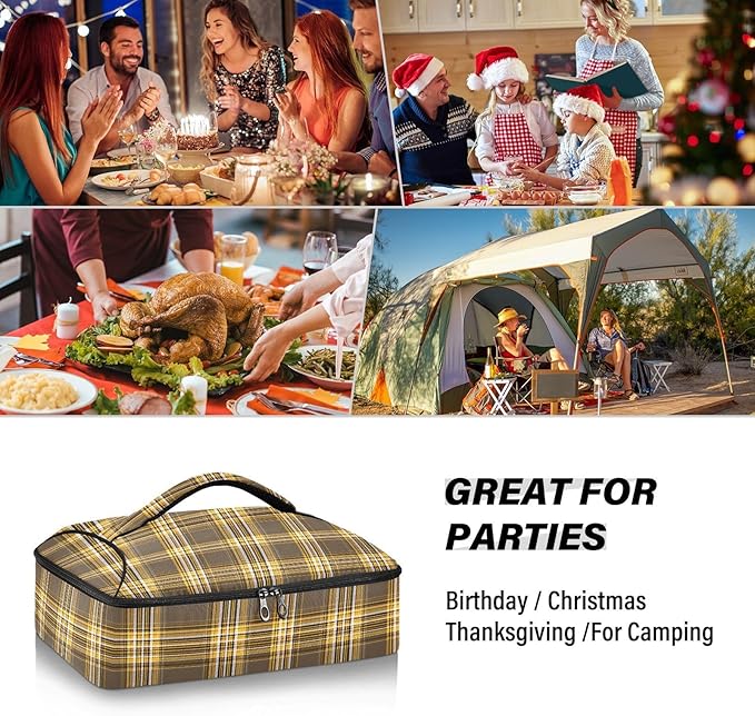 Casserole Carrier Yellow Brown Tartan Pattern Insulated Casserole Carrier for Hot or Cold Food Thermal Lunch Tote for Parties Picnic Travel Carry Bag