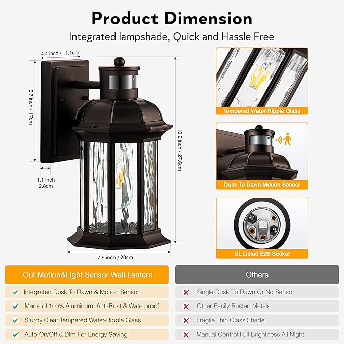 VIANIS Motion Sensor Outdoor Garage Lighting Fixtures Farmhouse Oil Rubbed Bronze Exterior Wall Light Wall Mount for House Anti-Rust Waterproof Outdoor Sconce Lights for Front Porch Patio