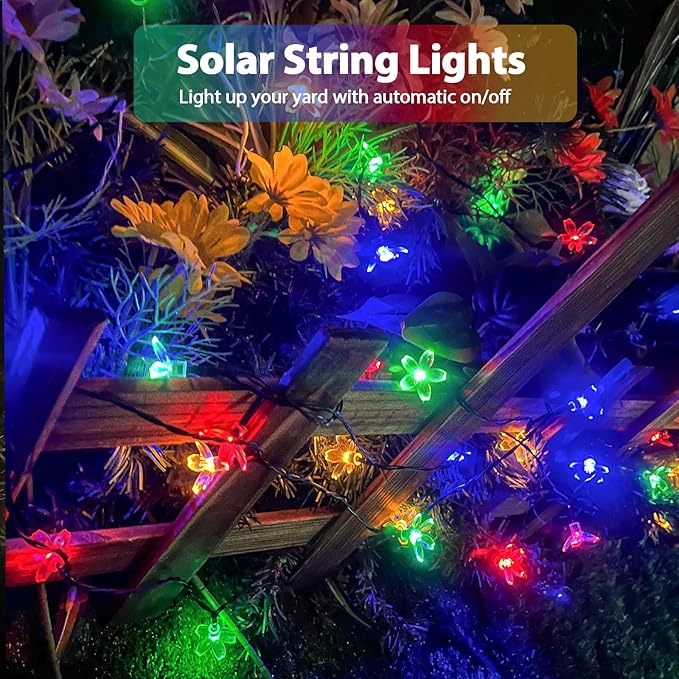 2PK 80LED 50FT Flower Solar String Lights Outdoor Waterproof Cherry Blossoms Multicolor Lights with 8 Lighting Modes Garden Decor for Outside Pathway Light for Fence Patio Yard