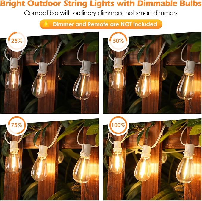 192FT(2x96FT) LED Outdoor String Lights Linkable Patio Light with 60+3 2700K Waterproof Dimmable Hanging Bulbs for Pergola Cafe Wedding-White