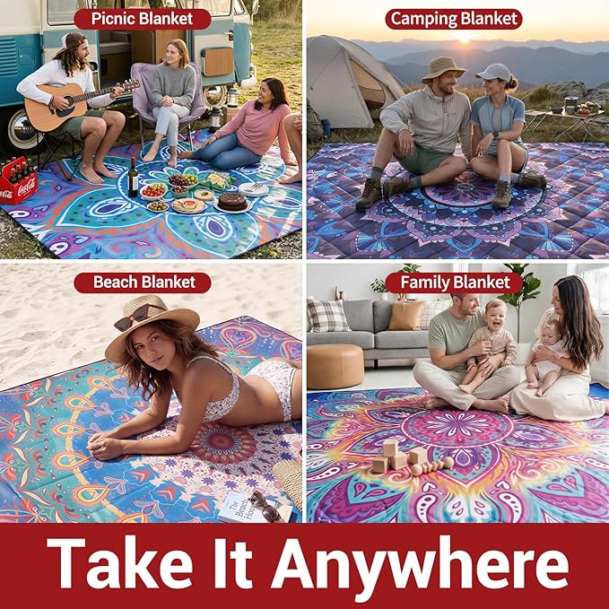 80x80 Picnic Blankets Waterproof Beach Blanket Outdoor Sandproof Foldable Park Lawn Grass Concert Mat Portable Tent Rugs Camper Inside Outside Camping Gifts Accessories Road Trip Necessities