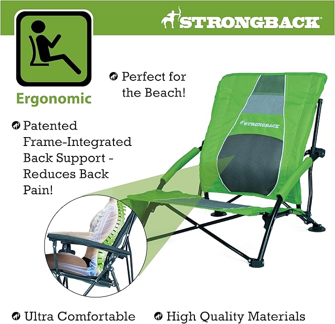 STRONGBACK Low Gravity Beach Chair with Built-in Lumbar Back Support - Heavy Duty Portable Folding Beach Chair for Adults - Lime Green