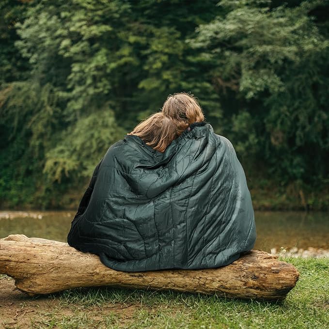 Outdoor Camping Blanket with Sherpa Lining Extra Warm Thick Camp Blankets and Puffy Ultralight Soft Poncho DWR Camping Quilt for Cold Weather Adventure Sleeping Backpacking 78x 56