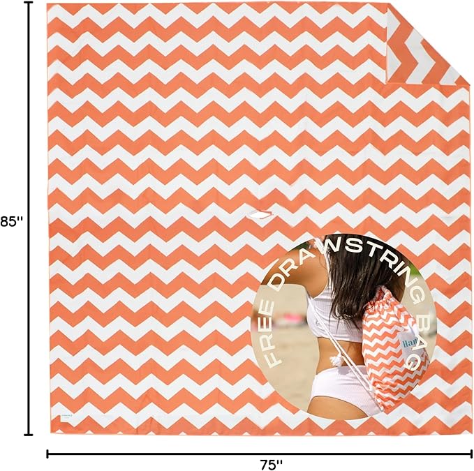 Plush Microfiber Beach Blanket Extra Large Beach Mat for 3-6 Persons Sandproof Windproof | Hole for Umbrella Corner Sand Pockets to Fight Wind (Bag for Blanket Included)