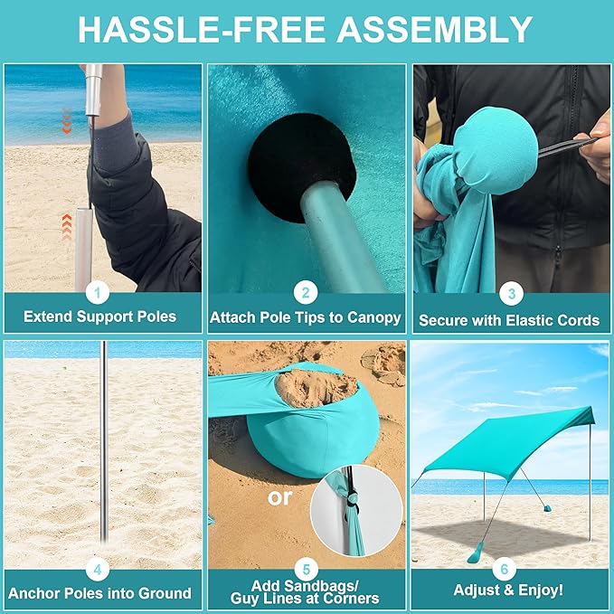 Beach Tent Sun Shelter UPF50+ with Sandbags Sand Shovel &amp Windproof Poles - Portable Pop Up Canopy for Beach Camping Picnics Backyard &amp Fishing (Cyan6.9x6.5FT)