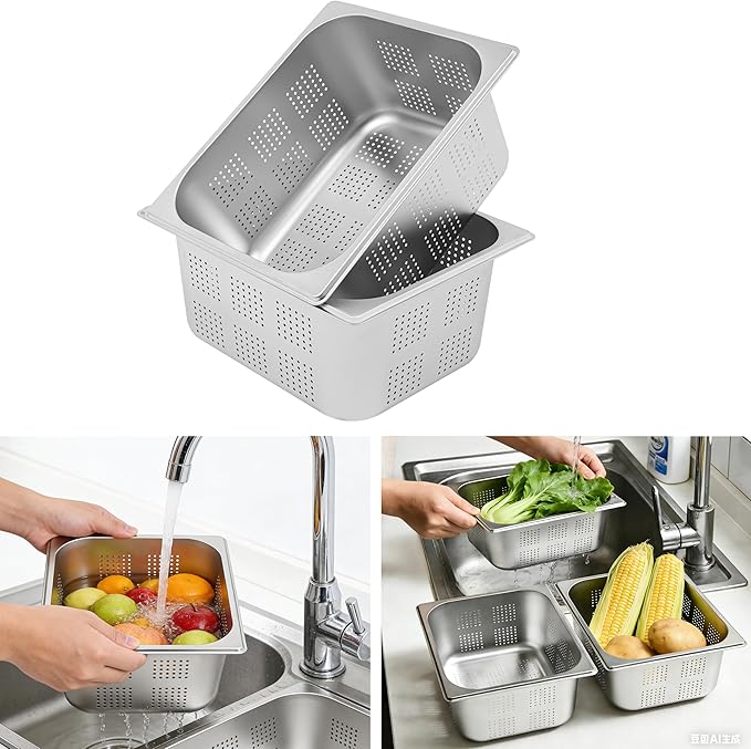 2 Pcs 8L Filtering Pans 6in Deep Anti-Jam Perforated Pan Stainless Steel Steam Pan Filter Basket 1/2 Vegetable Fruit Wash Basin Food Pan Chafing for Hotel Catering Kitchen Restaurant