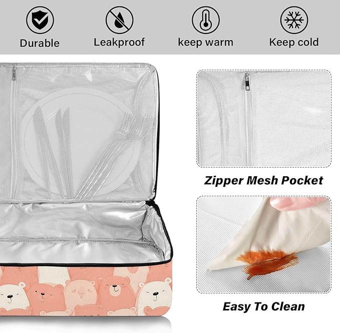 Casserole Carrier Pattern Cute Cartoon BearInsulated Casserole Carrier for Hot or Cold Food Thermal Lunch Tote for Potluck Parties Picnic Beach Fits 9 x 13 Inches Baking Dish