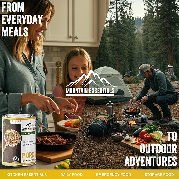 MOUNTAIN ESSENTIALS Canned Pork 14.5 oz – Fully Cooked Ready to Eat – Pantry Staple Meat for Everyday Meals Premium Emergency Survival Bulk Food Storage Camping Hiking &amp Quick Meals – 5-Year