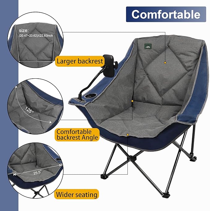 Northroad Oversized Foldable Camping Chair with Cell Phone HolderOutdoor Padded Lawn Chair w/Cup HolderCarry Bag for Beach Hiking and PicnicsHeavy-Duty 300-lbs Capacity Blue
