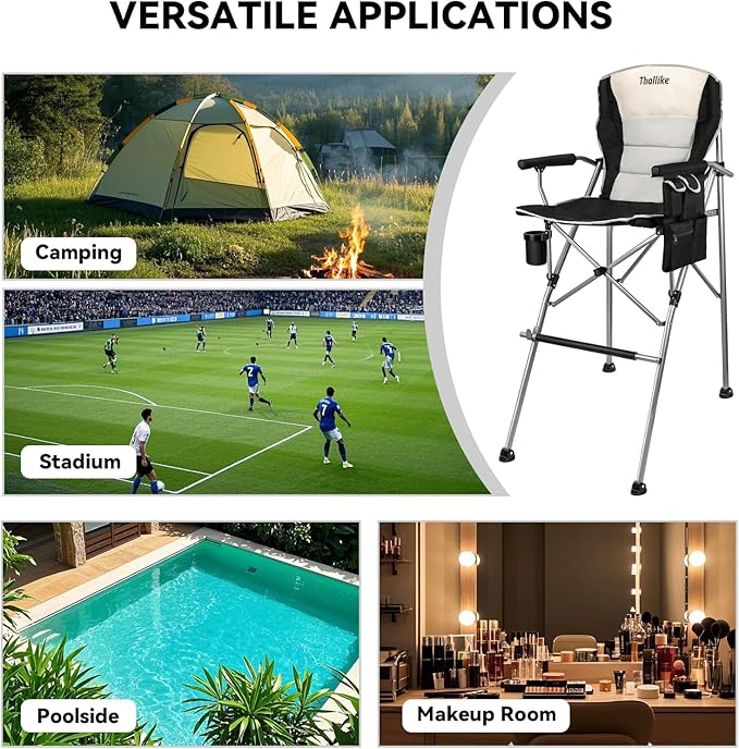 Foldable Directors Makeup Salon High Chair - Portable Camping Bar Height Folding Photoshoot Chairs with Stroage Bag Cup Holder Non-Slip Footrest Supports 400 lbs Black Tall Director Chair