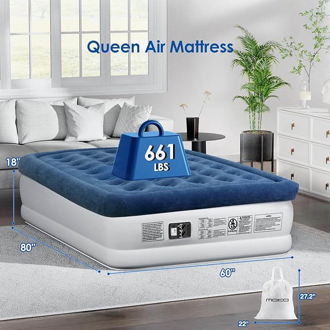 MoKo Air Mattress Queen with Built in Pump 18'' Luxury Inflatable Mattress 3 Min Fast Blow up Mattress with Dual-Chamber Comfort Top - Velvety Air Bed for Home Camping Travel Guests White/Blue