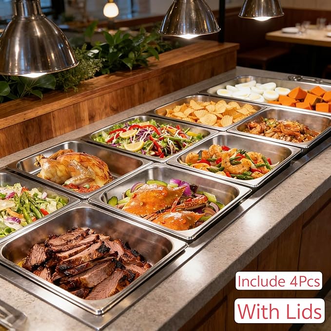 4 Pcs Anti-Jamming Steam Pan with Lids Full-Size x 4-Inch Deep Stainless Steel Steam Table Pan Hotel Pans with Covers Buffet Servers Pan Food Tray Warmer Catering-21.06 * 12.8 * 3.94in