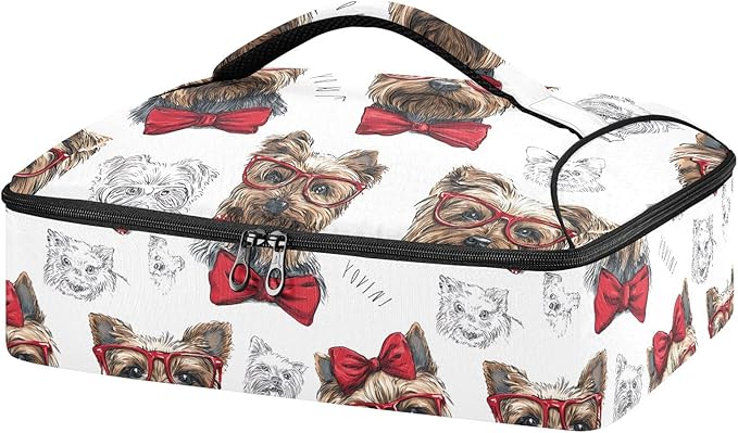 Casserole Carrier Red Glasses and Bow DogInsulated Casserole Carrier for Hot or Cold Food Thermal Lunch Tote for Potluck Parties Picnic Beach Fits 9 x 13 Inches Baking Dish