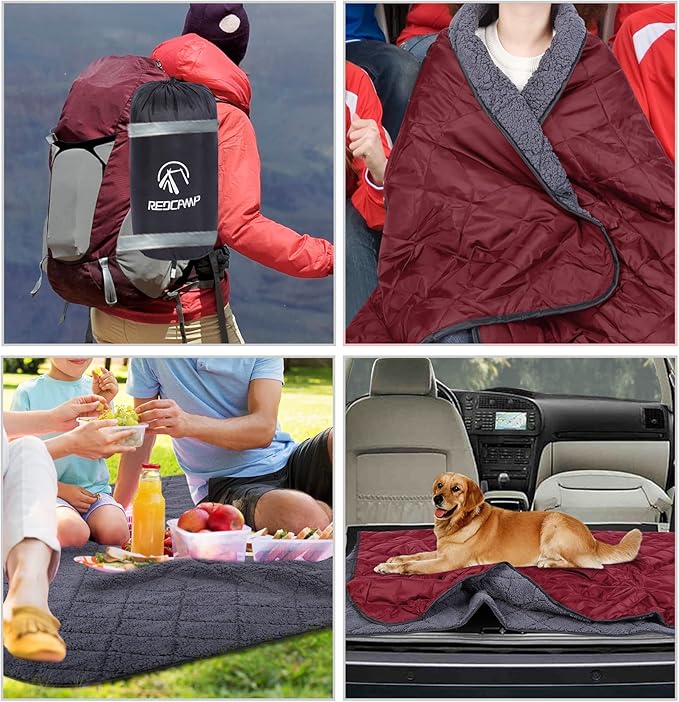 REDCAMP 79x79 Winter Outdoor Blanket with Sherpa Lining Waterproof &amp Windproof Cold Weather Blankets Extra Thick Warm Blanket for Camping Stadium Car Dog Machine Washable Portable Red