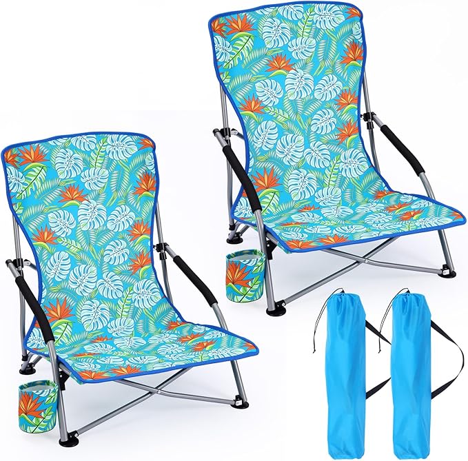Karenhi 2 Pack Beach Chair Foldable Reclining Portable Lightweight Chair for Adults Camping Concert Lawn Sand Outdoor(Palm Leaves)