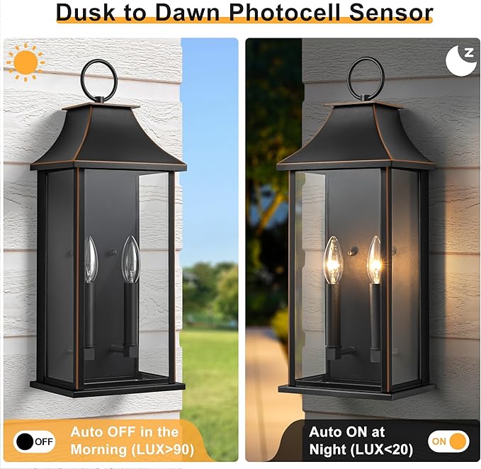 Outdoor Wall Lights Dusk to Dawn Large Outside Wall Lantern Sconce Modern Fixture with Brown Trim Exterior Lamp for House Porch Garage 2-Light (20.6 Inch Black)
