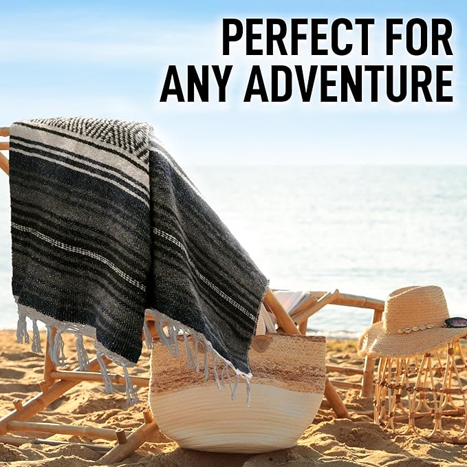 Hydration Nation Authentic Extra Large Mexican Blanket (70x50) - Handwoven Yoga Serape - Artisanal Falsa Beach Camping Picnic Outdoor (Blue Haze)