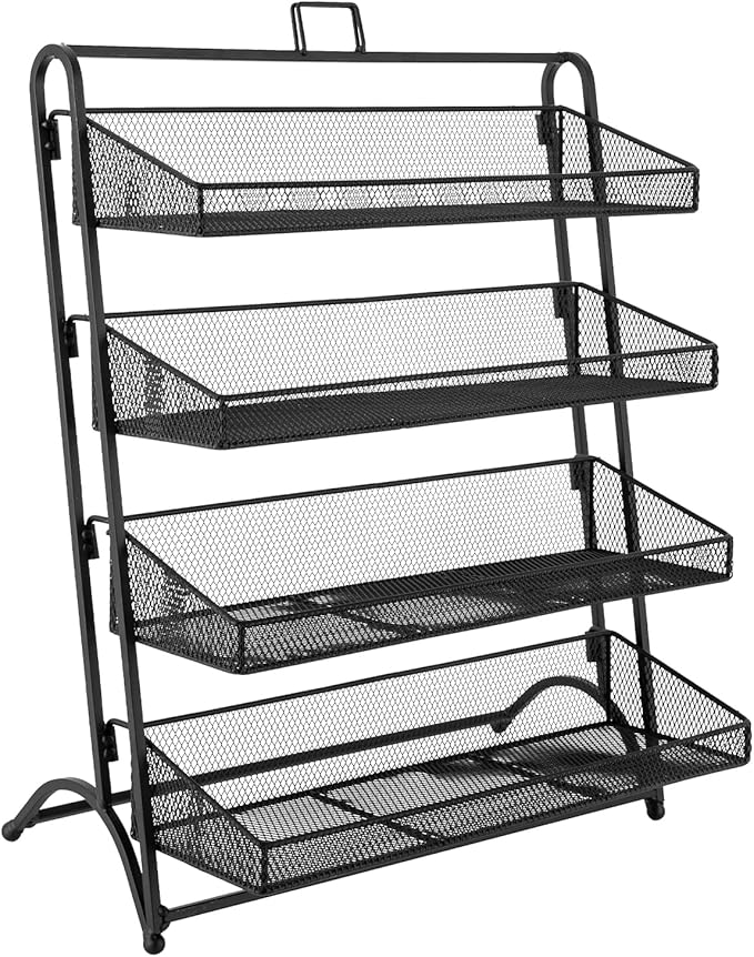 4 Tier Snack Organizer Candy Display Rack for Countertop Snack Display for Counter Portable Chip Rack Metal Snack Shelf for Retail Stores Kitchen Office (Black)