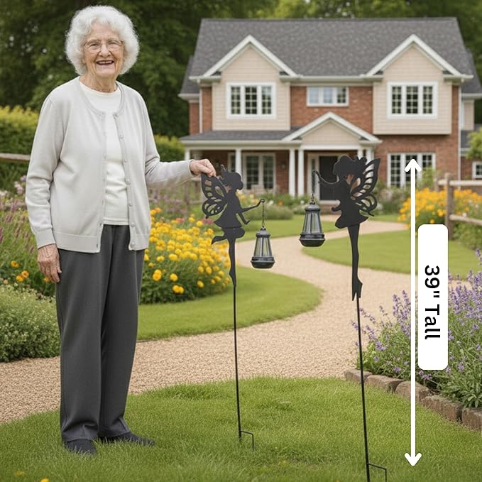 Solar Fairy Garden Accessories Outdoor 1 Pair - Metal Stakes Decorative Figurines Housewarming Ornament for Patio Lawn Yard Pathway - Unique Gift Ideas for Gardening Mom Grandma (Warm Lighting)