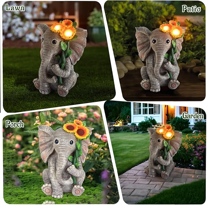 Outdoor Sculpture Figurine Statue Elephant DecorSolar Garden Statues for Patio Home Yard DecorGood Luck Sunflower Elephant for Women Mom Gifts Housewarming Gift