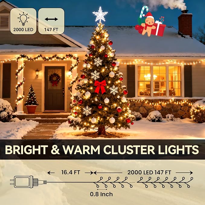 2000 LED Warm White Christmas Lights: 147Ft Twinkle Lights for Christmas Tree with Remote - Waterproof Fairy Lights Firecracker Plug in String Lights for Garden Wedding Party Indoor &amp Outdoor Use