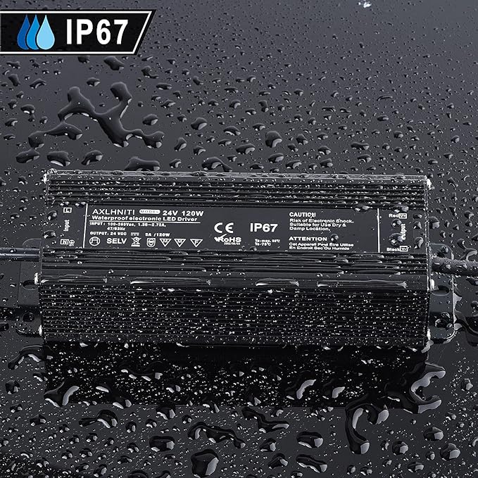 LED Power Supply - 120W IP67 Waterproof 24V DC for LED Strip Lights 100V-265V AC Input 3-Prong Plug with 3.3 Feet Cable