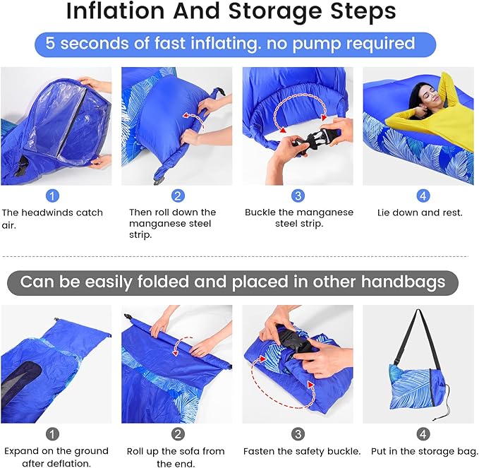 ele ELEOPTION Outdoor Inflatable Camping Couch Waterproof Portable Blow Up Air Sofa Chair Lounger for Backyard Beach Traveling Camping with Compression Sacks (Blue Feather)