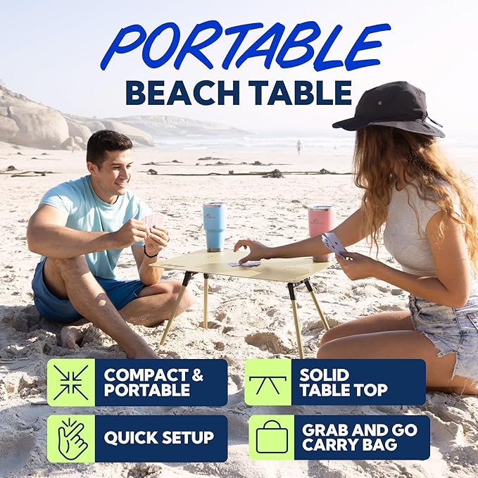 SUN NINJA Beach Table – Lightweight Mini Folding Table with Carry Case Small Camping Table for Beach Camping and Picnics – Portable Picnic Table with Durable Aluminum Top Non-Slip Feet