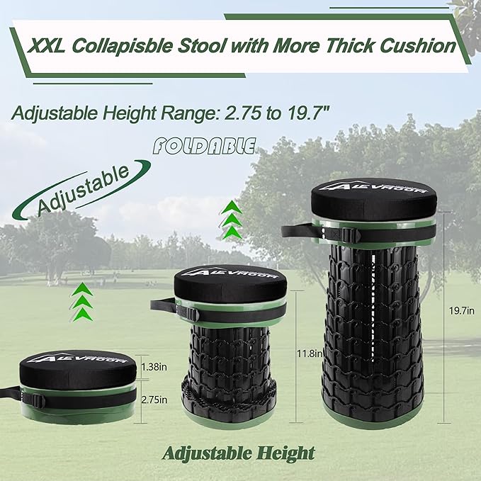 ALEVMOOM Upgraded XXL Collapsilbe Stool with CushionMore Sturdy and Height 19.7“D11.8”Portable and Lightweight Adjustable Telescoping Stool for Camping Hiking BBQ Max Loading 1000Ibs