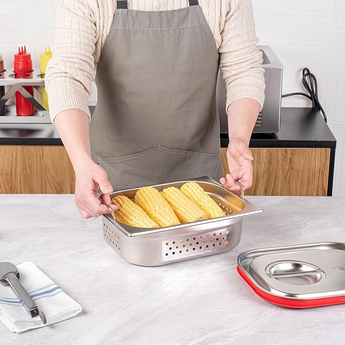 Restaurantware Perforated Steam Table Pan - Half Size - 4 Deep - Collapsible Handles - Anti Jam - Commercial Grade Stainless Steel - 1ct Box - Met Lux