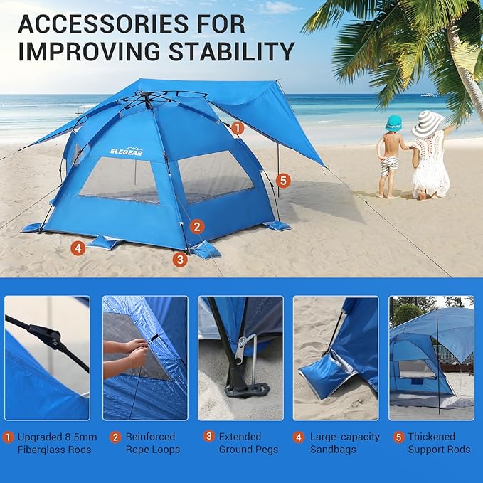 Elegear CumbreX™ Beach Tent with 360° Removable Canopy 4-6 Person Pop Up Sun Shade Shelter UPF 50+ Automated Installation Double Silver Coating Portable Lightweight Beach Cabana for Beach/Outdoor