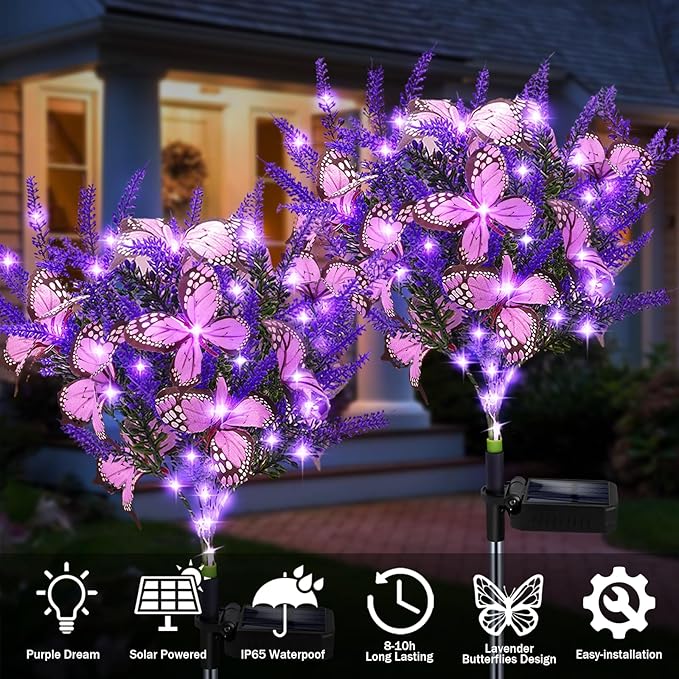 Solar Garden Lights Outdoor 6 Pack Purple Lavender Solar Butterfly Lights Gardening Gifts for WomenArtificial Flowers Light Purple Halloween Garden Decor for Patio Yard Lawn Christmas