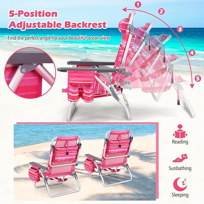 Goplus Beach Chair Folding Backpack Beach Chairs for Adults with 5 Positions Head Pillow Cooler Bag Towel Bar Cup Holders Sunbath Sling Tanning Lounge Foldable Layout Camping Chairs