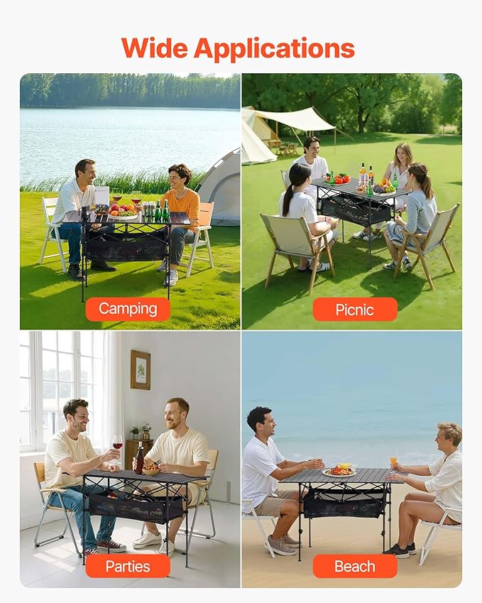 VEVOR Folding Camping Table Portable Roll Up Side Tables Lightweight Aluminum Beach Table for Outdoor BBQ Tailgating Picnic Travel (47 inch-Black)