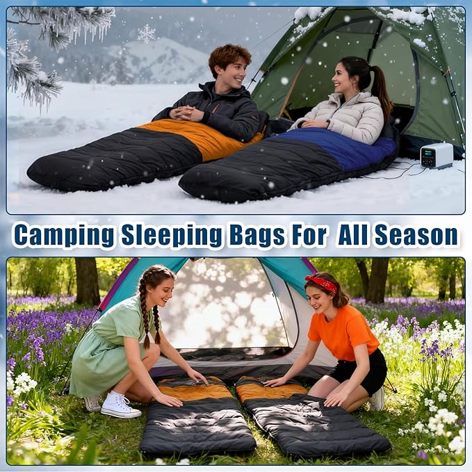 2 Pack Heated Sleeping Bag for Adults USB Electric Cold Weather Sleeping Bag with 4 Zone Carbon Fiber 3 Adjustable Heating Levels Waterproof for All Season Camping &amp Hiking