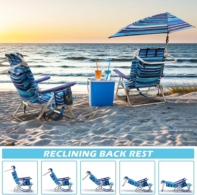 Beach Chair Backpack Chairs for Adults with Adjustable Umbrella Folding Beach Chairs with Storage Pouch Cup Holder &amp Towel Rack Adjustable Lounge Chair for Seaside Blue Strap