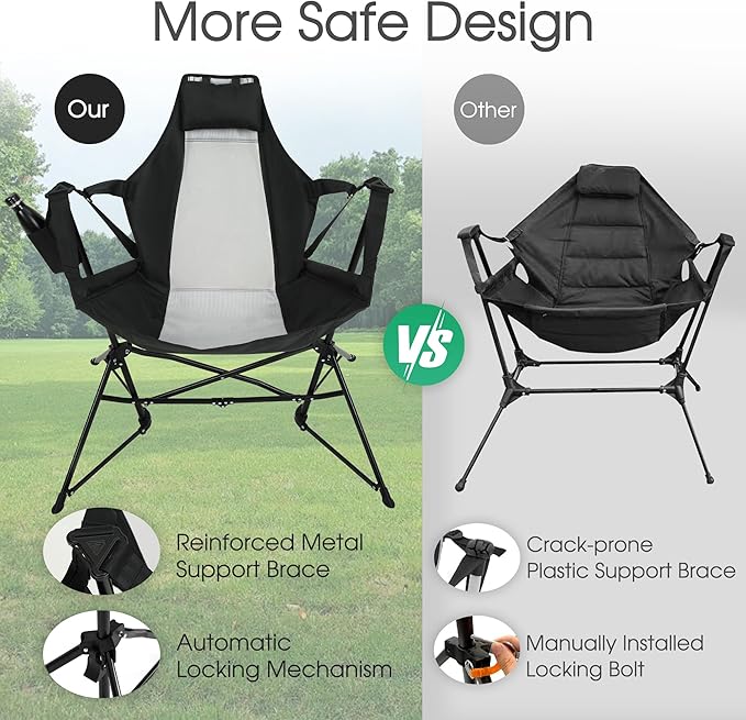 HOMEFUN Hammock Camping Chair - Portable Swinging Chairs for Adults with Stand and Storage Bag Oversized Folding Rocking for Lawn Camp Fishing Hiking Black