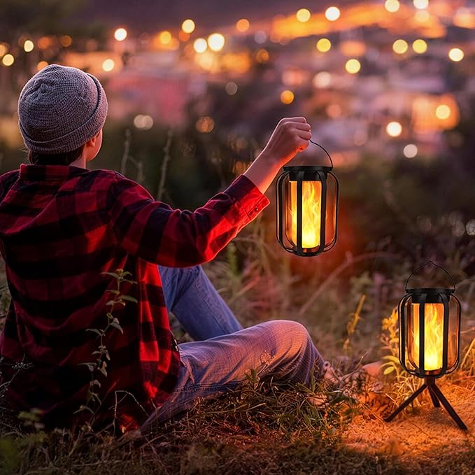 Toodour Solar &amp Battery Powered Lantern Outdoor Lights 2 Pack Black LED Lantern with 4 Modes Waterproof Rechargeable Hanging Solar Lights for Camping Patio Garden Yard Outdoor Decor