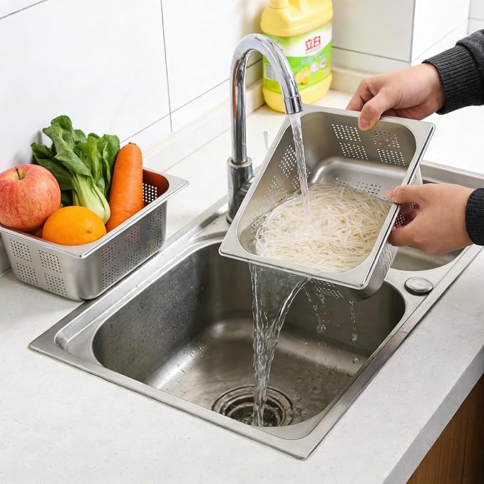 2 Pcs 8L Filtering Pans 6in Deep Anti-Jam Perforated Pan Stainless Steel Steam Pan Filter Basket 1/2 Vegetable Fruit Wash Basin Food Pan Chafing for Hotel Catering Kitchen Restaurant